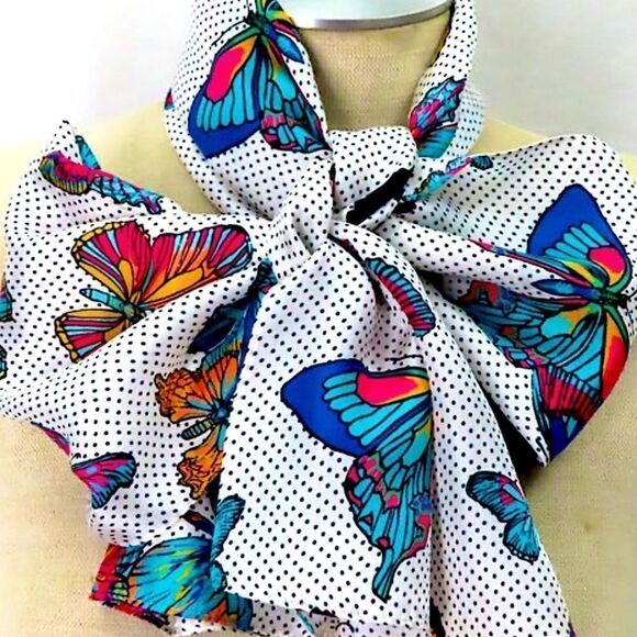 Vintage ECHO silk black white polka dot brilliant butterfly scarf 10” x 54” - Picture 3 of 8